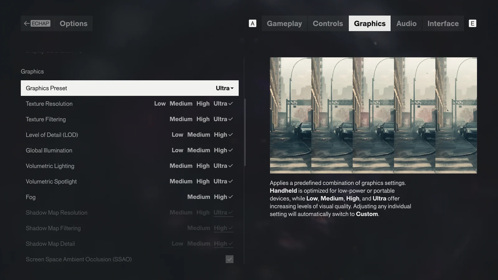 Menu Graphics de CONTROL Resonant, presets e qualidade