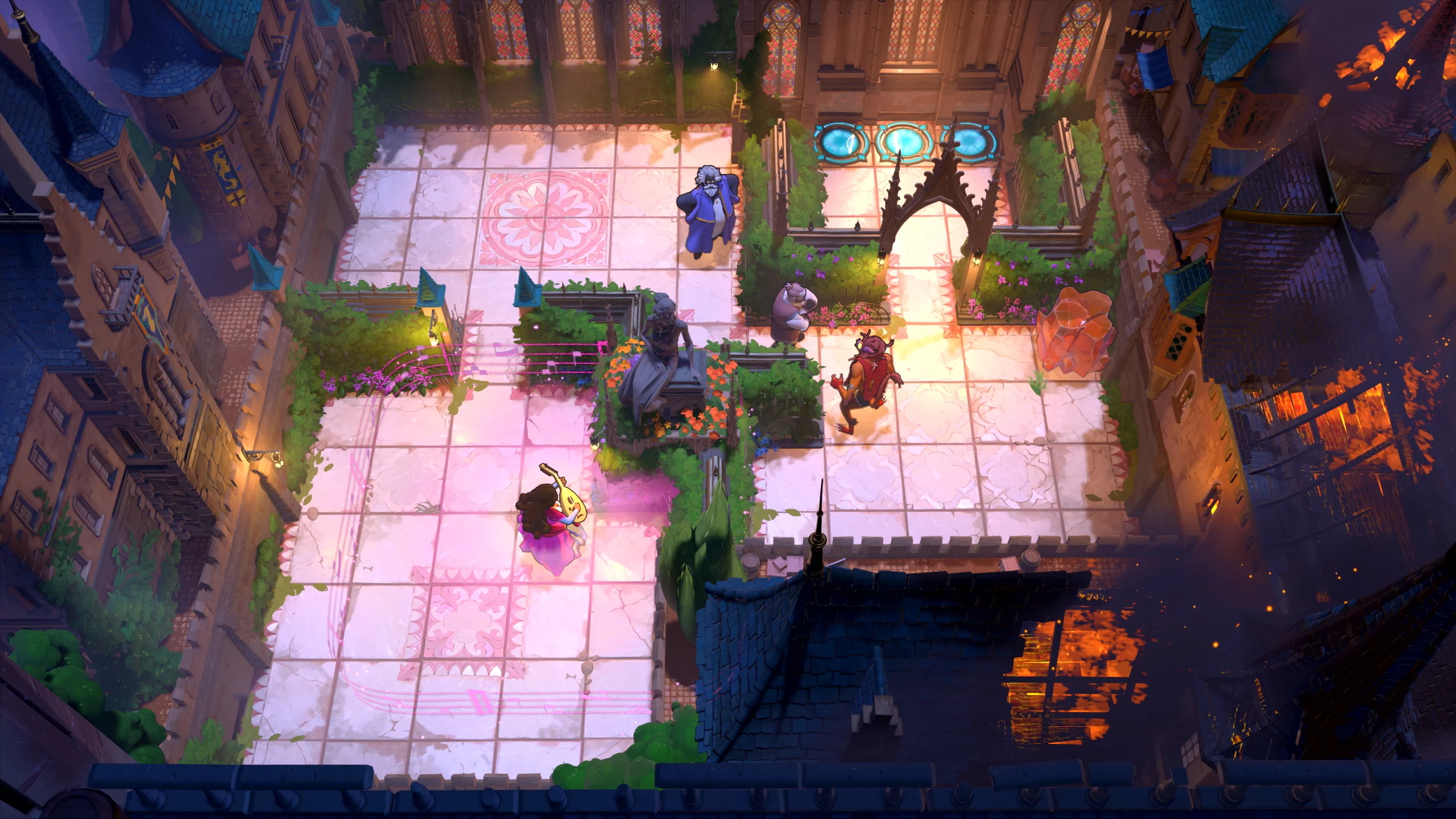 Vista de cima de um nível de Order of the Sinking Star, com jardins e telhados à volta de uma praça de puzzles