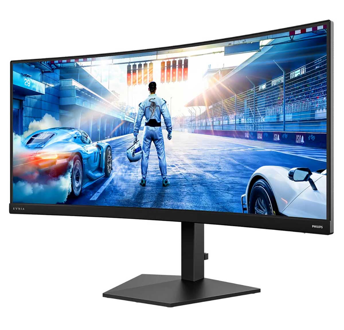 Philips Evnia 36M4C5500P de frente, com um jogo de corridas no ecrã curvo