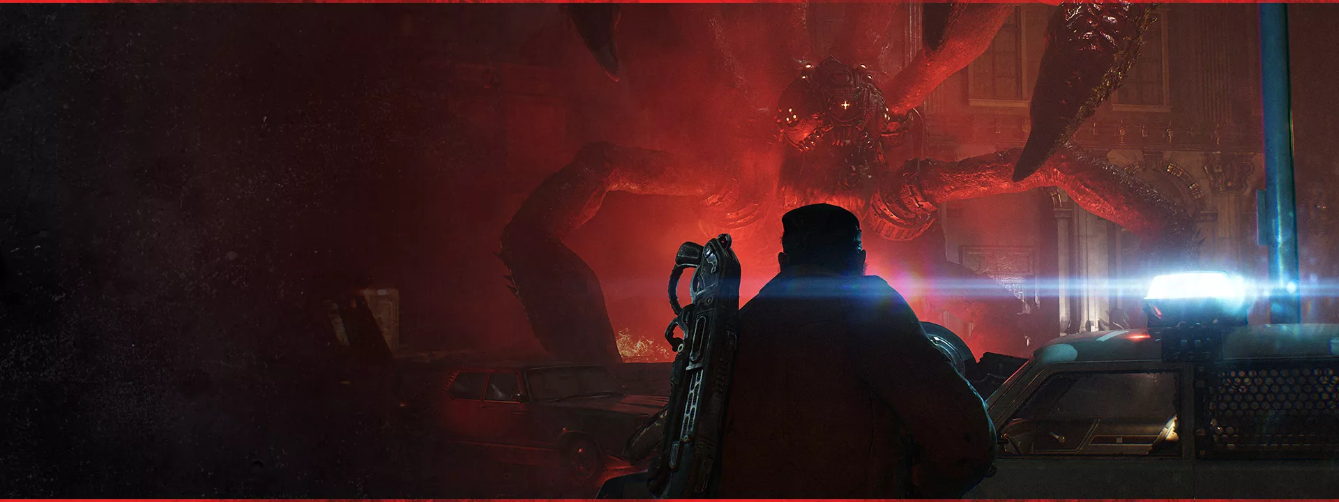 Marcus frente a uma criatura Locust gigante em Gears of War: E-Day