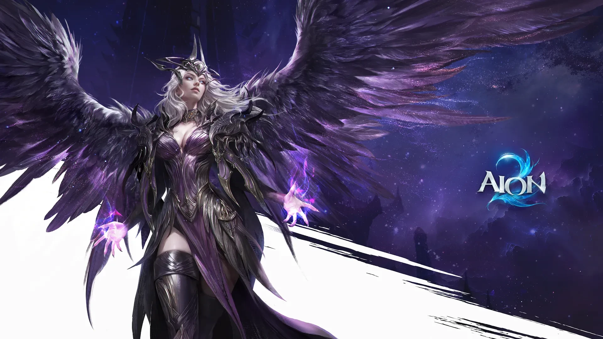 Arte oficial de AION 2 com uma Asmodian de asas escuras