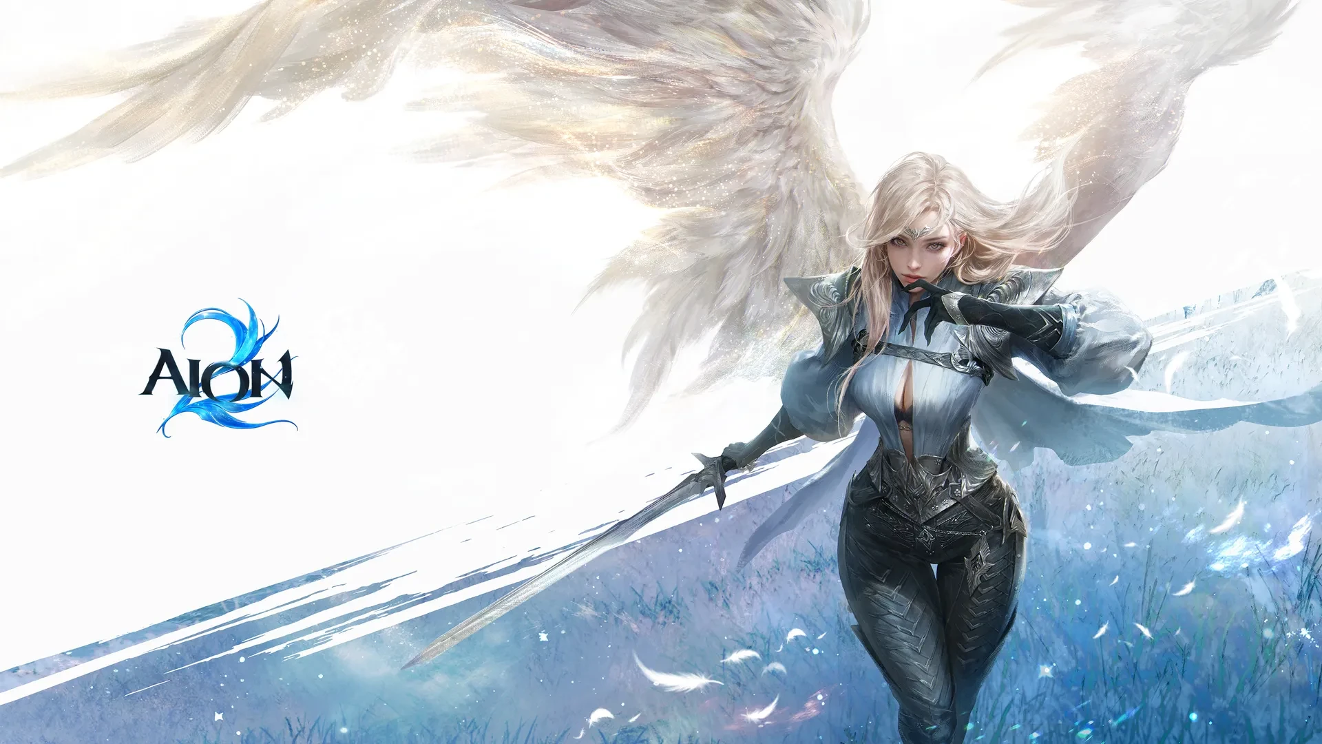 Arte oficial de AION 2 com uma Elyos de asas brancas