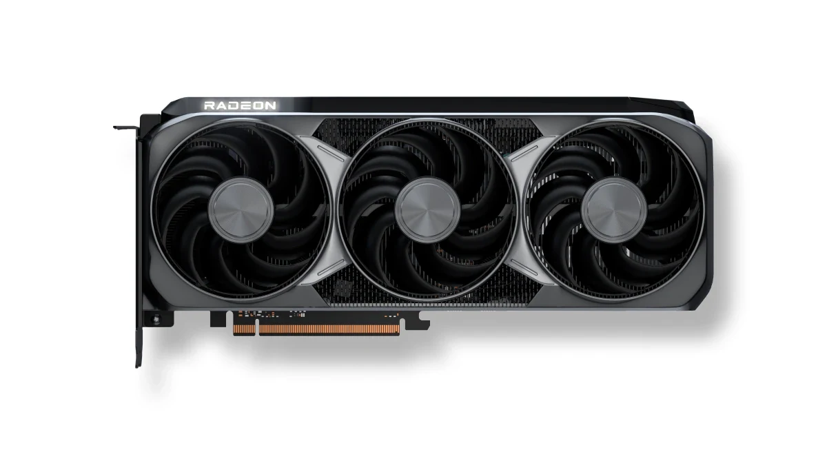 Placa gráfica AMD Radeon RX 9070 XT em fundo branco