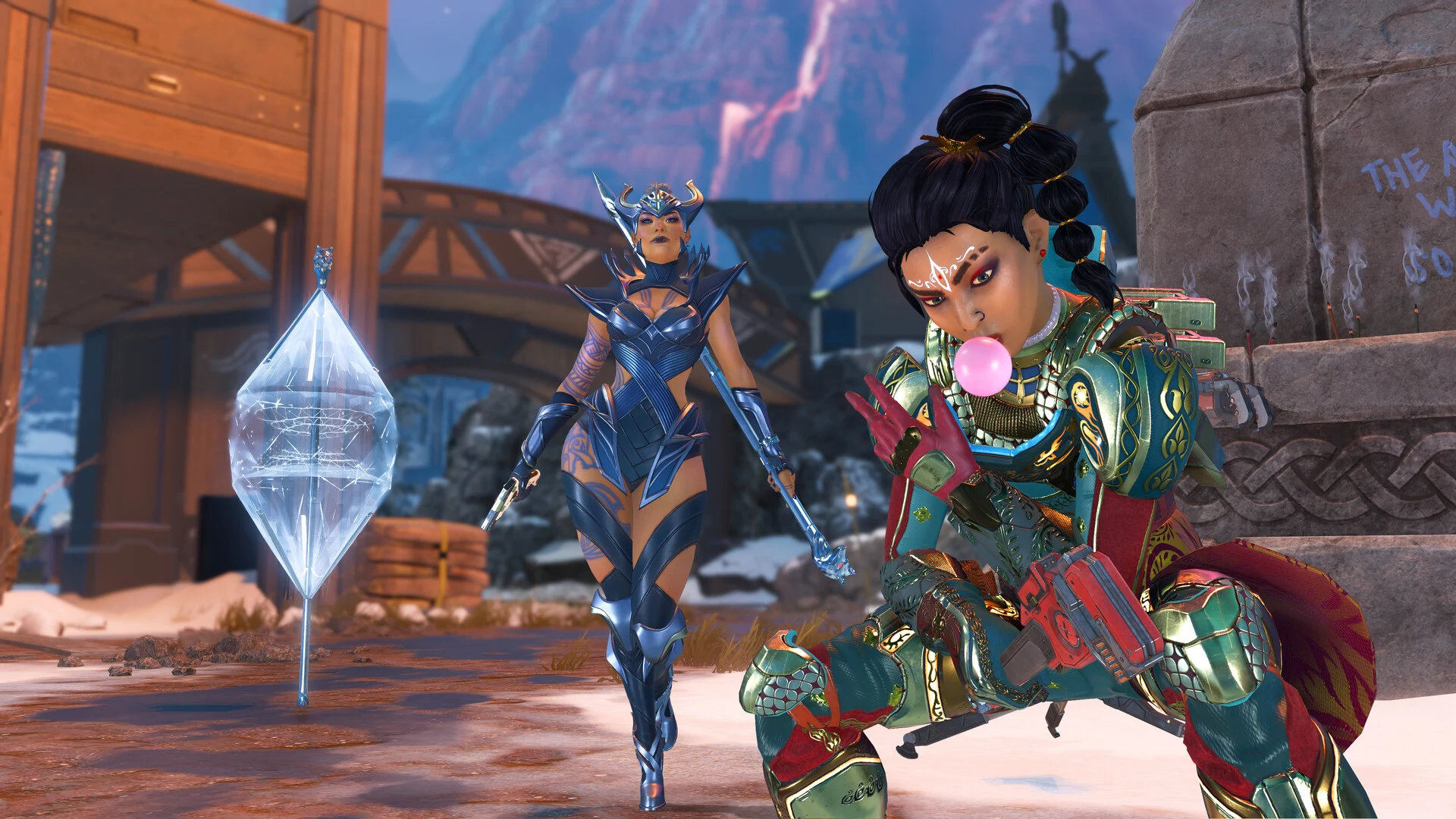 Duas lendas do Apex Legends num mapa gelado
