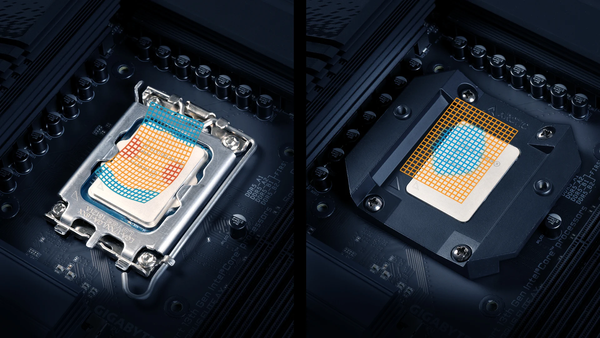 À esquerda, o mecanismo de fixação de origem da Intel; à direita, a moldura de contacto da Arctic, com a pressão distribuída pelo processador