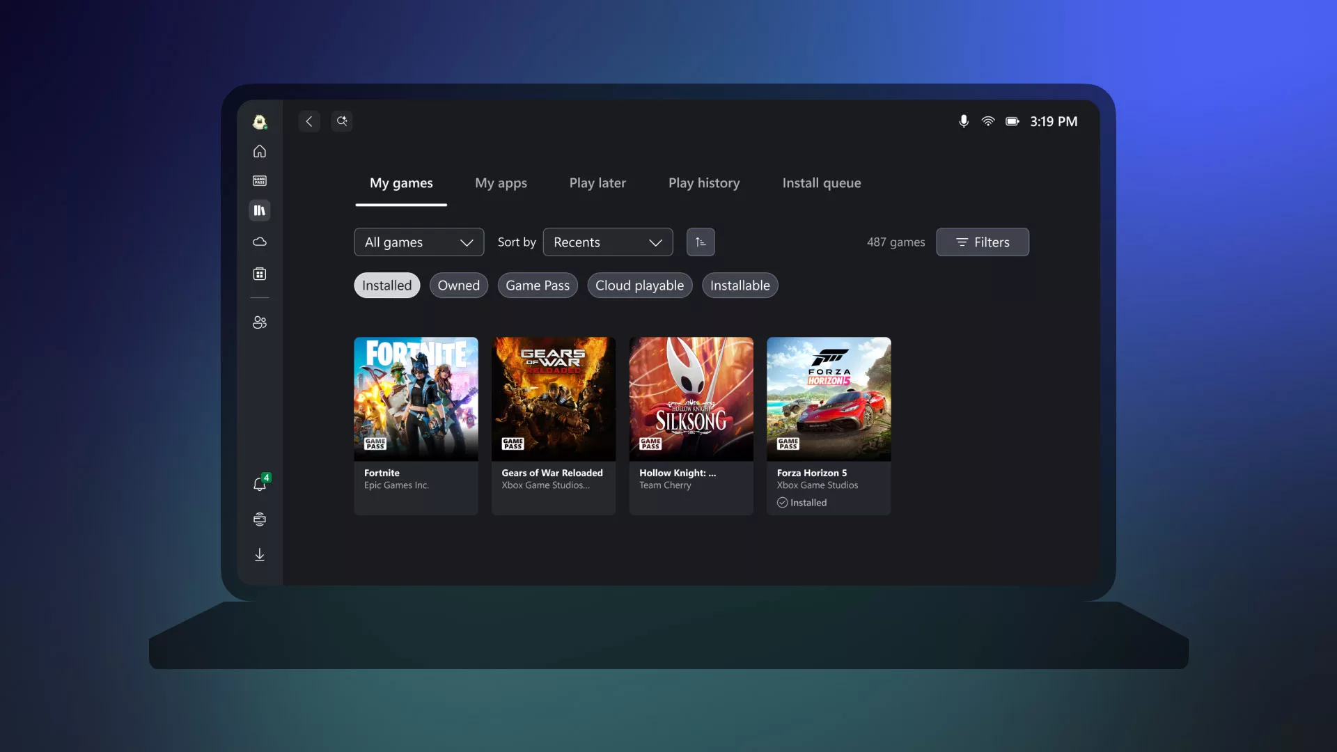 A app Xbox atual num portátil, na biblioteca de jogos