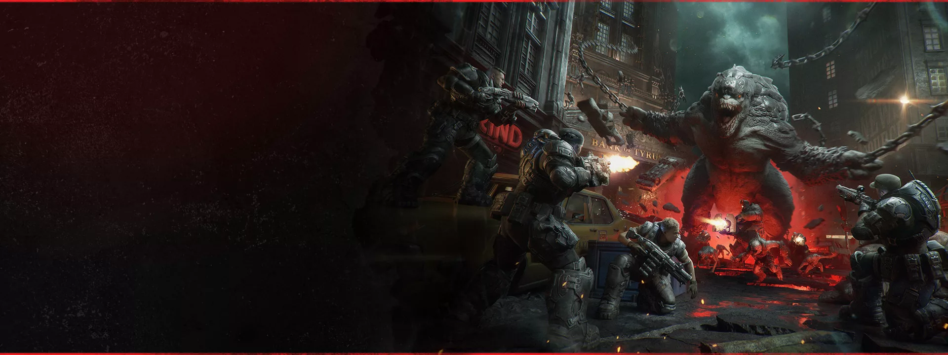 O esquadrão Bravo frente à Horda Locust numa esquina em Gears of War: E-Day