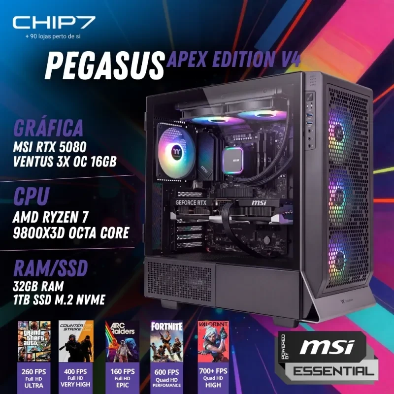 CHIP7 PEGASUS APEX EDITION V4 com Ryzen 7 9800X3D e RTX 5080