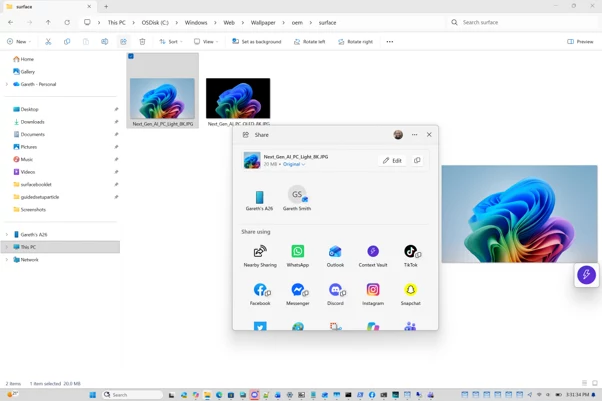 Menu Partilhar do Windows 11 com a opção de enviar para o Context Vault