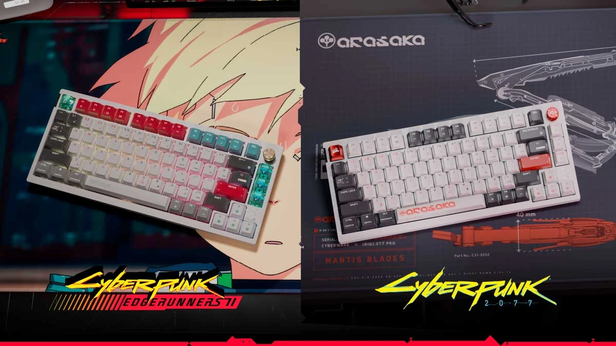 Os dois teclados K65 Plus lado a lado: à esquerda o da edição Edgerunners 2 e à direita o da edição Arasaka White