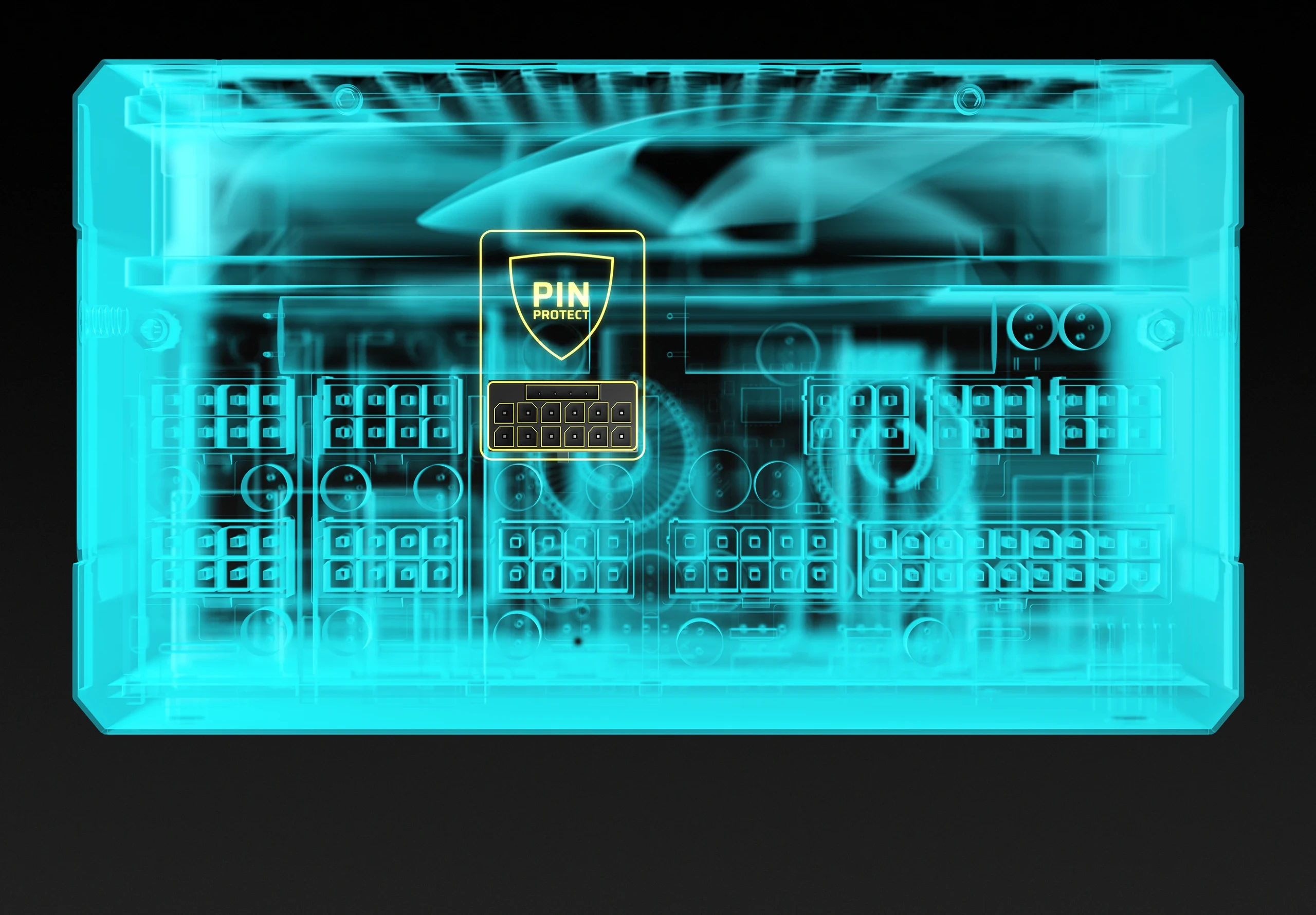 Esquema da Corsair RM1200e vista por dentro, com a tomada 12V-2x6 do PinProtect destacada
