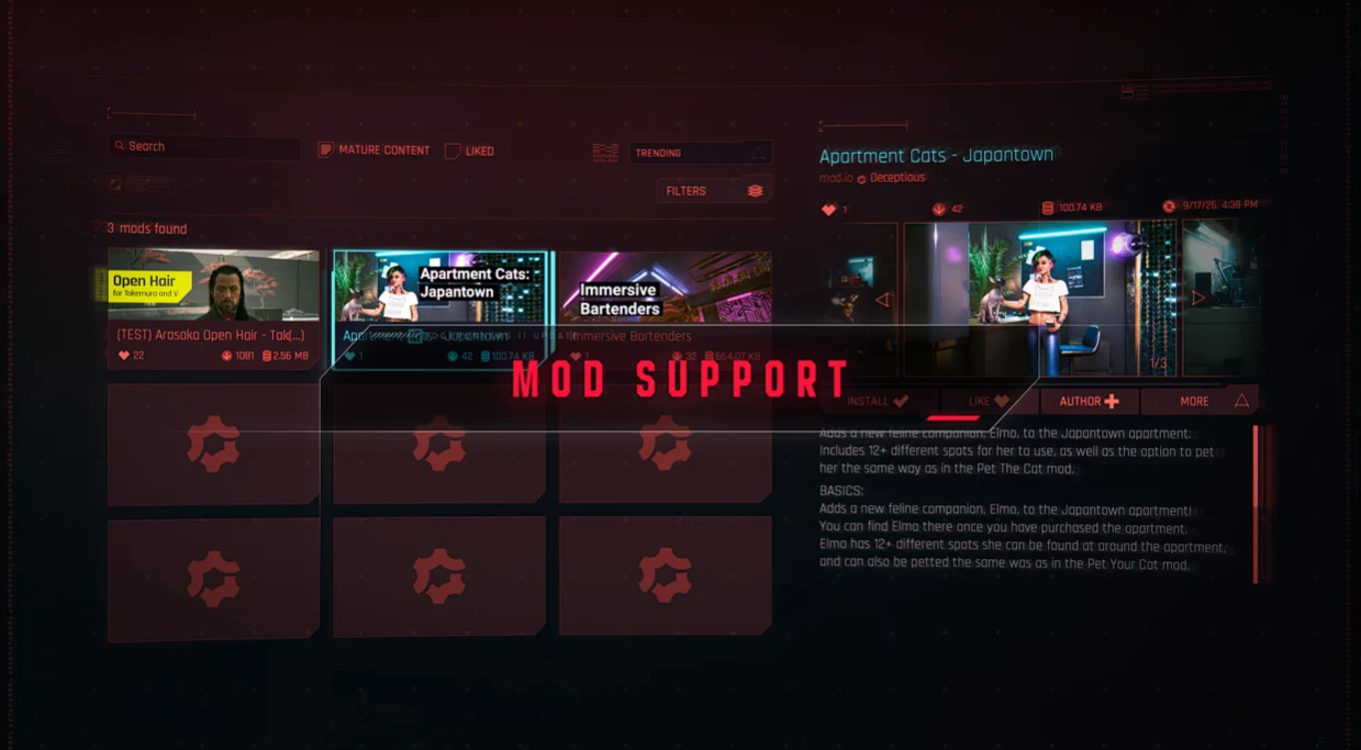 Menu de mods dentro de Cyberpunk 2077, com mods do mod.io