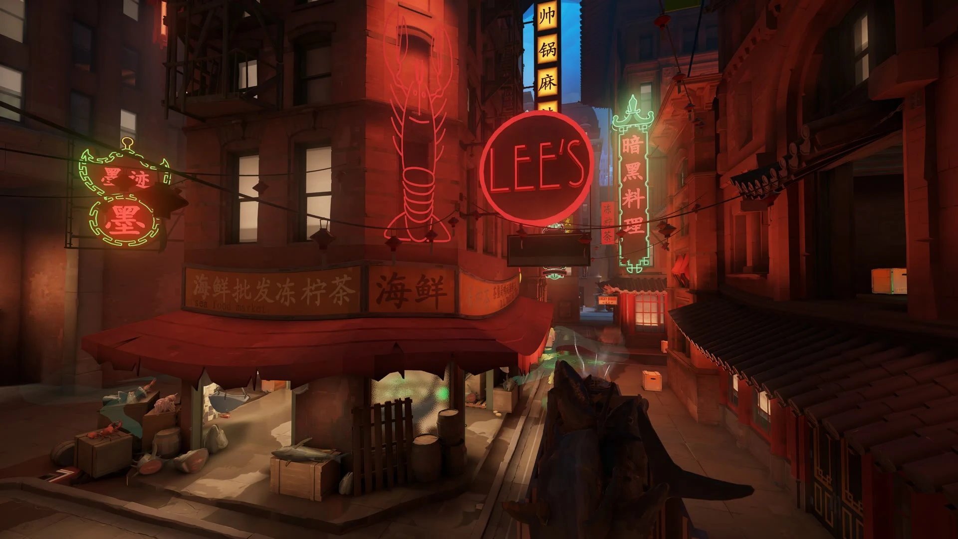Rua de Chinatown em Deadlock, à noite, com letreiros de néon vermelhos e verdes