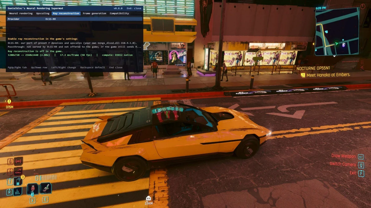 Cyberpunk 2077 numa Radeon RX 9070 XT com o menu do mod DLSS-NR on AMD aberto no canto