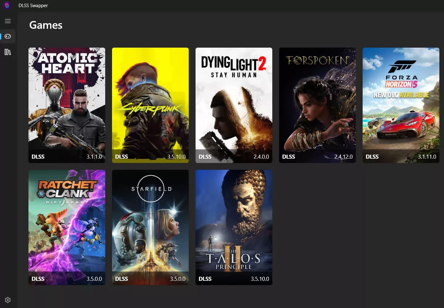 A biblioteca do DLSS Swapper, com cada jogo e a versão de DLSS que usa