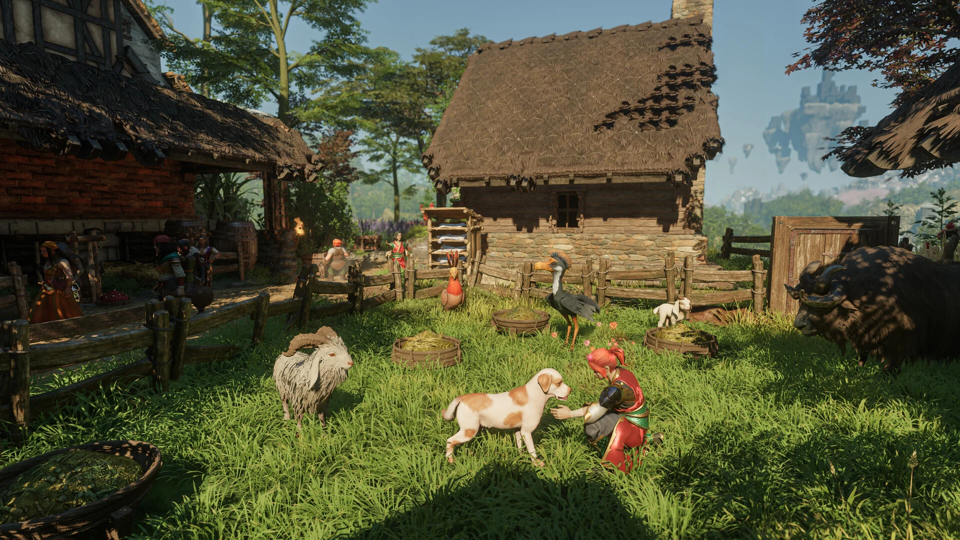 Quinta com casas de madeira, vedações, galinhas e um cão, com uma personagem a tratar dos animais