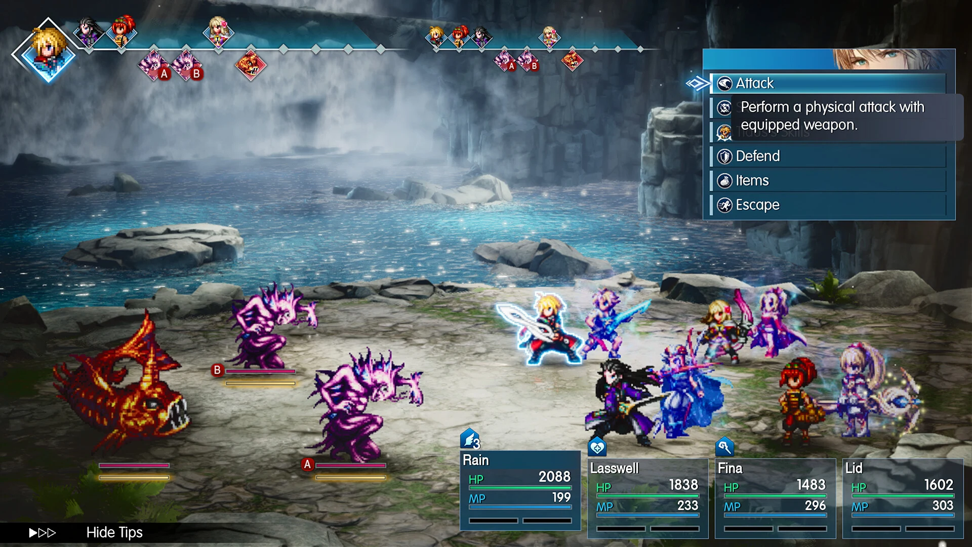 Combate por turnos em Final Fantasy Resonance, com a ordem dos turnos no topo e o menu de ações