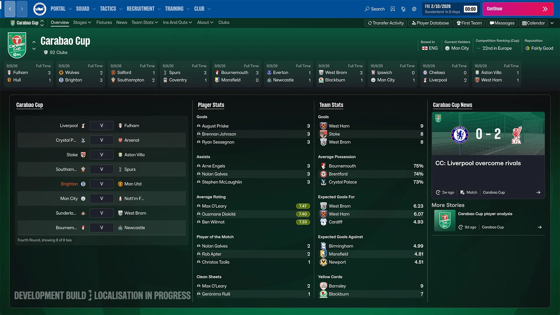 Ecrã de uma taça no Football Manager 27, com jogos, estatísticas e notícias