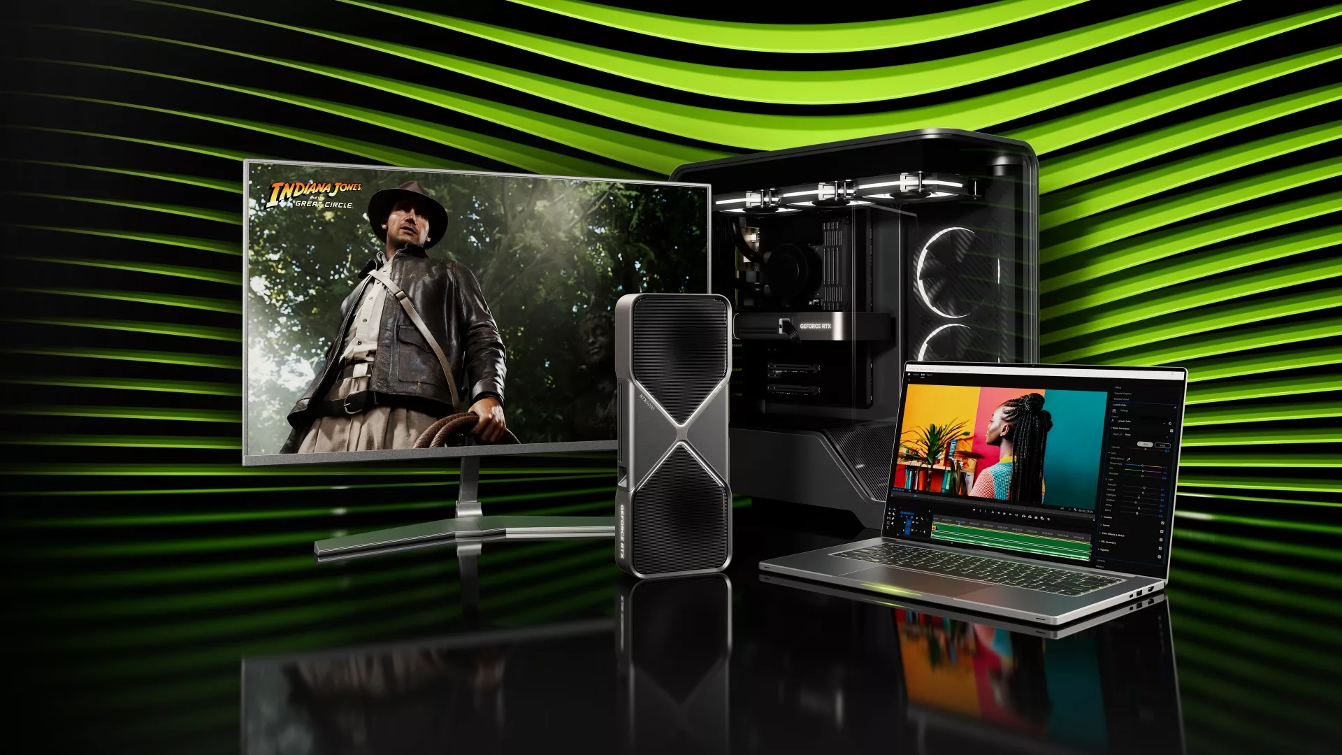Uma GeForce RTX 5090 Founders Edition ao lado de um PC de jogos, de um monitor e de um portátil