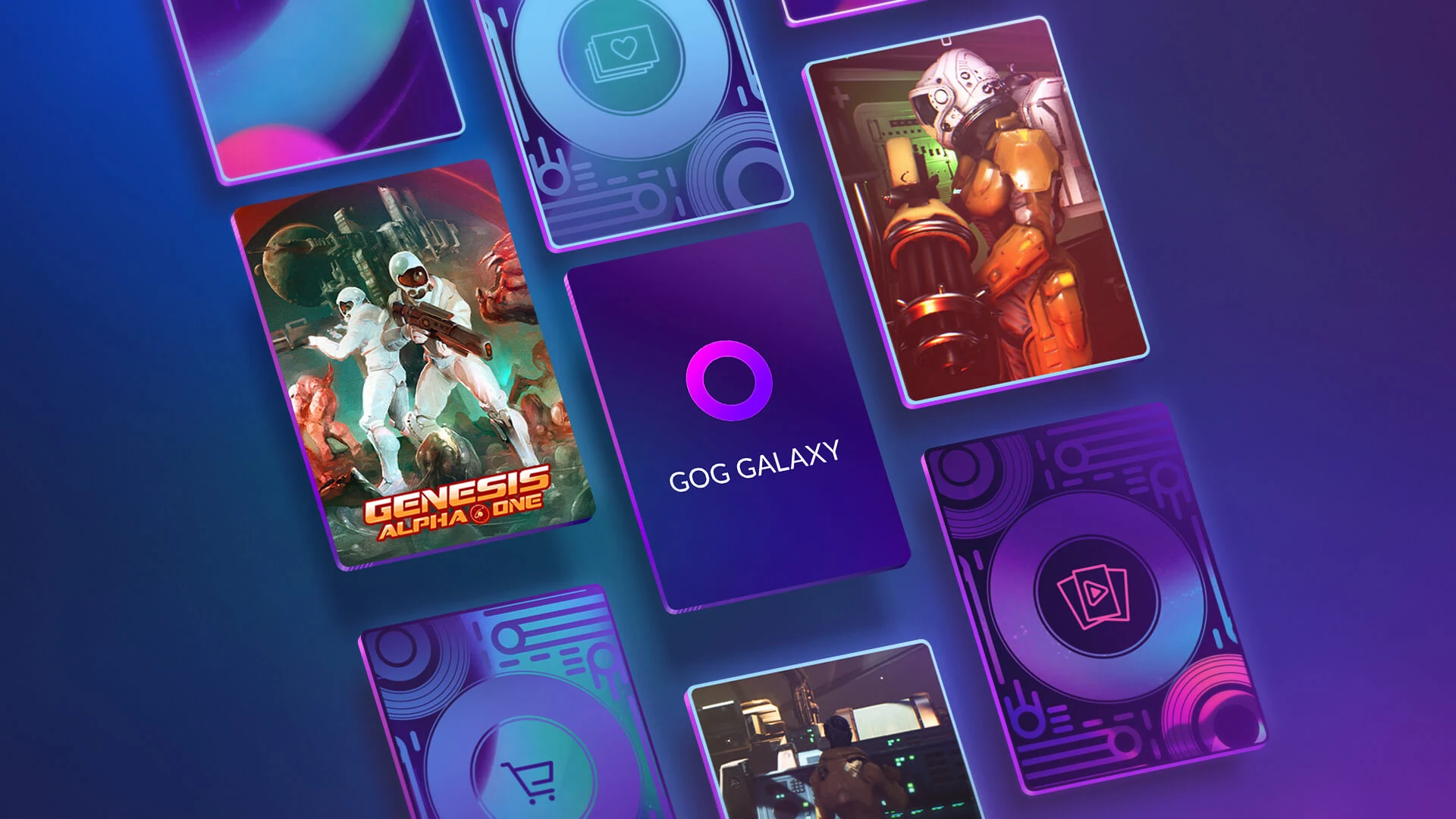 Arte do GOG GALAXY com cartas de jogos da biblioteca, como Genesis Alpha One