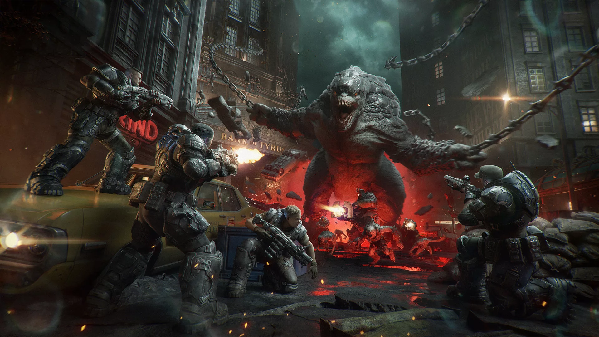 Soldados COG a combater um Brumak gigante que rebenta pelo chão no Horde Siege de Gears of War: E-Day