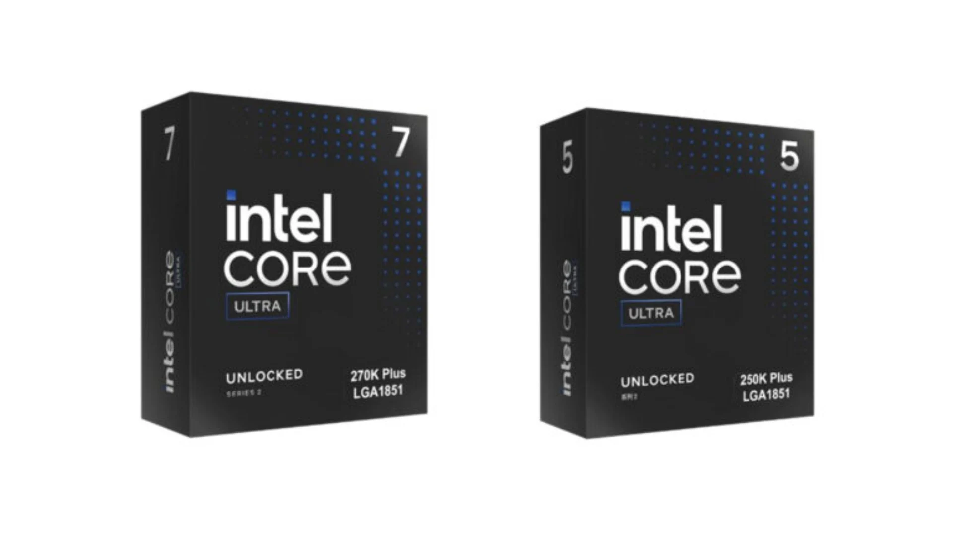 Caixas dos processadores Intel Core Ultra 7 270K Plus e Core Ultra 5 250K Plus