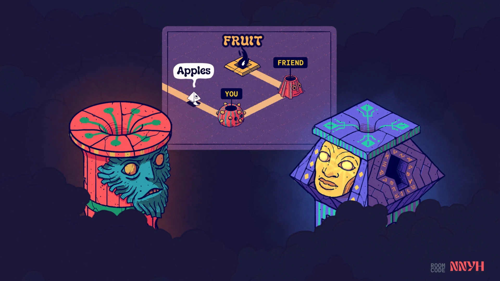 Idol Factions: duas estátuas de equipas rivais e uma categoria, "Fruit", com as respostas a arrumar