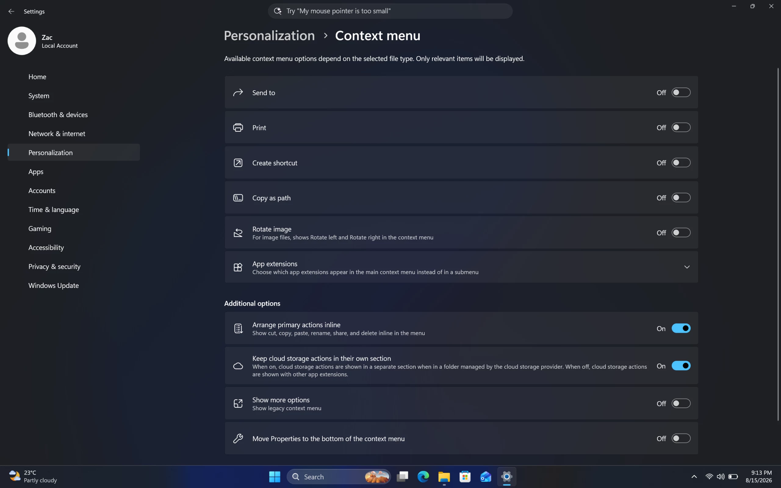 A página Menu de contexto nas Definições do Windows 11