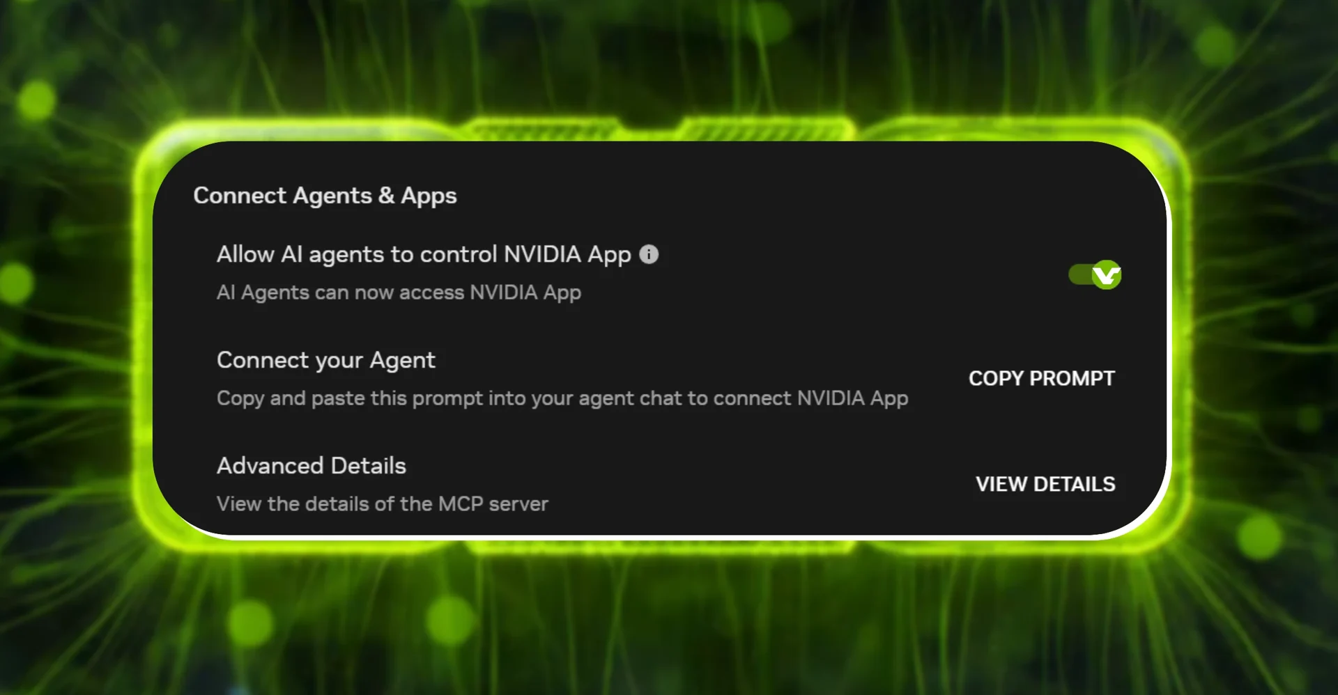 A opção Allow AI agents to control NVIDIA App ligada, na secção Connect Agents & Apps