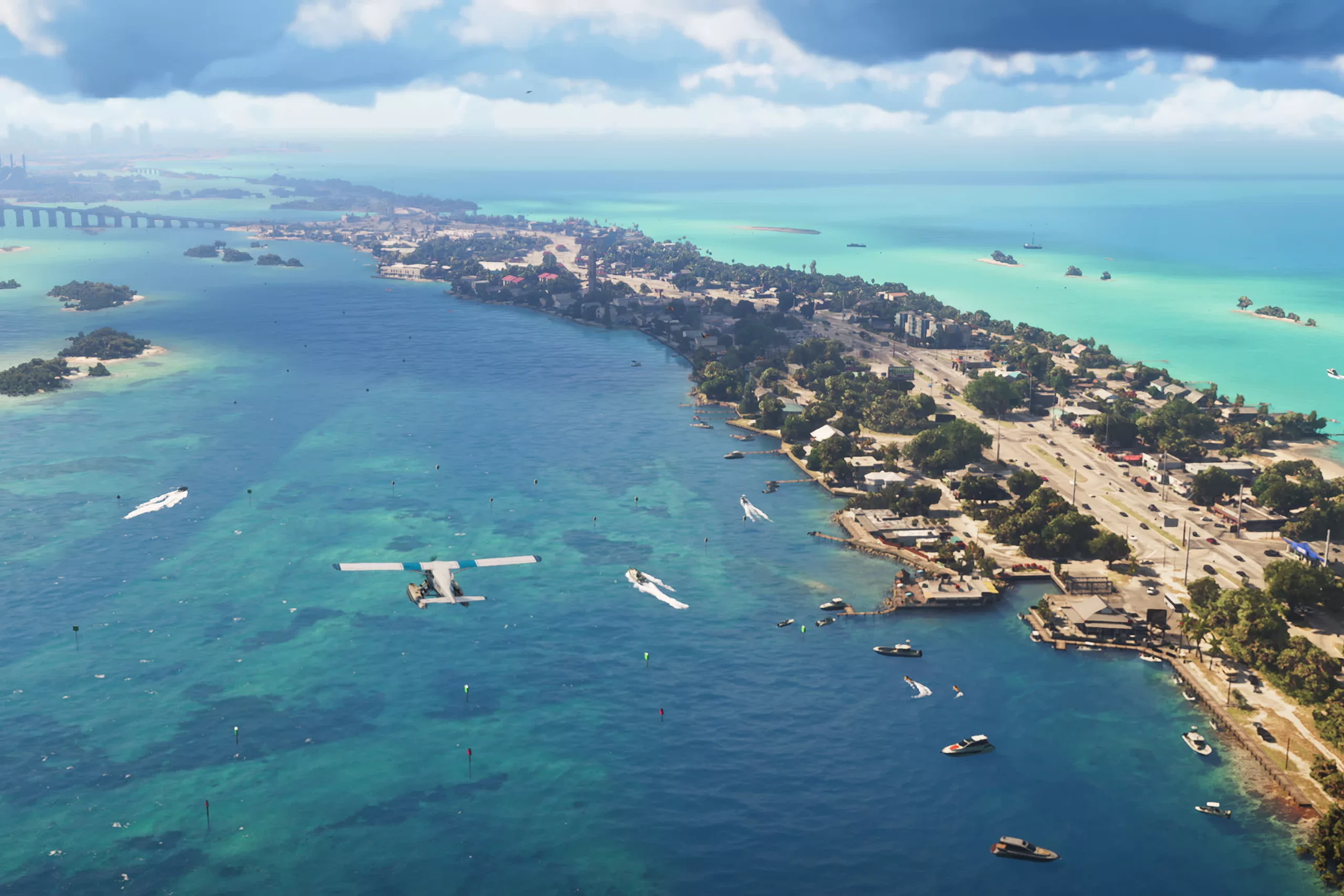 Vista aérea de Leonida Keys em GTA 6, uma faixa de ilhas com estrada, barcos e mar azul