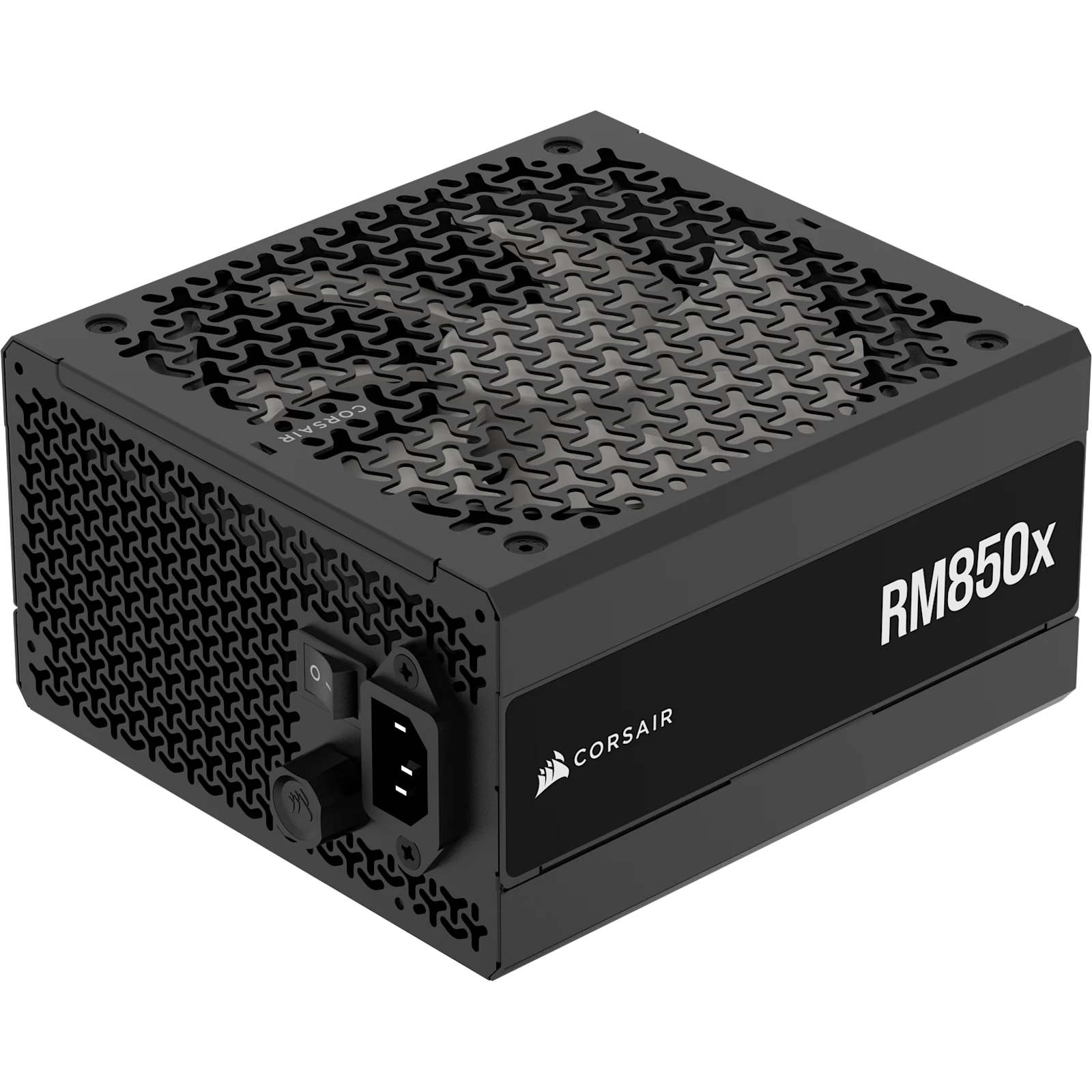 Fonte de alimentação Corsair RM850x de 2024, preta, com a ventoinha de 140 mm à vista