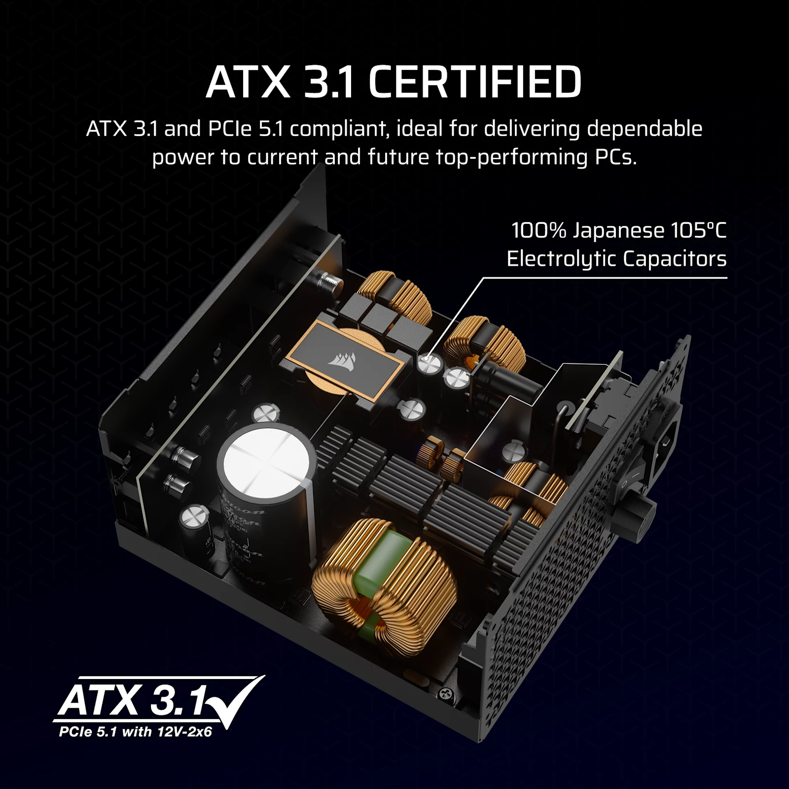 Interior da Corsair RM850x com os condensadores japoneses