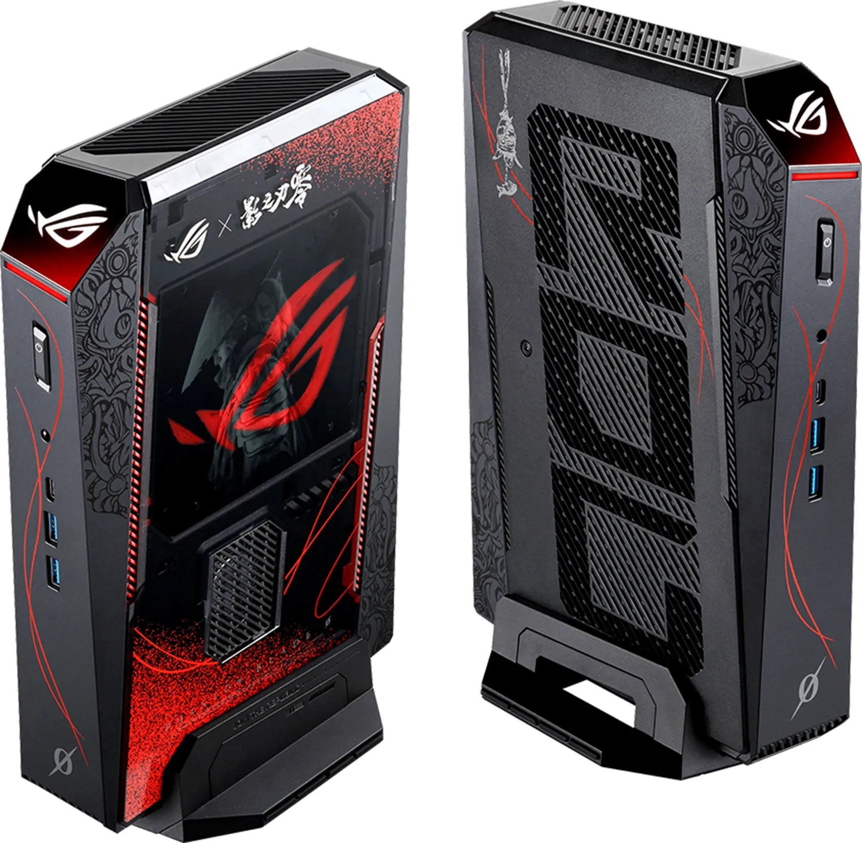 Mini PC ROG NUC 16 x Phantom Blade Zero visto de frente e de lado, preto com detalhes vermelhos