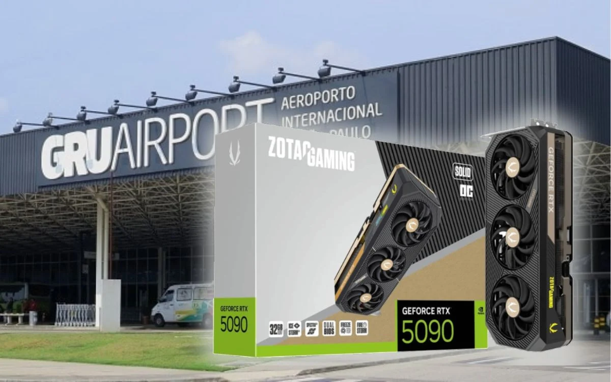 Montagem com o terminal do Aeroporto de Guarulhos e uma caixa de RTX 5090 da Zotac