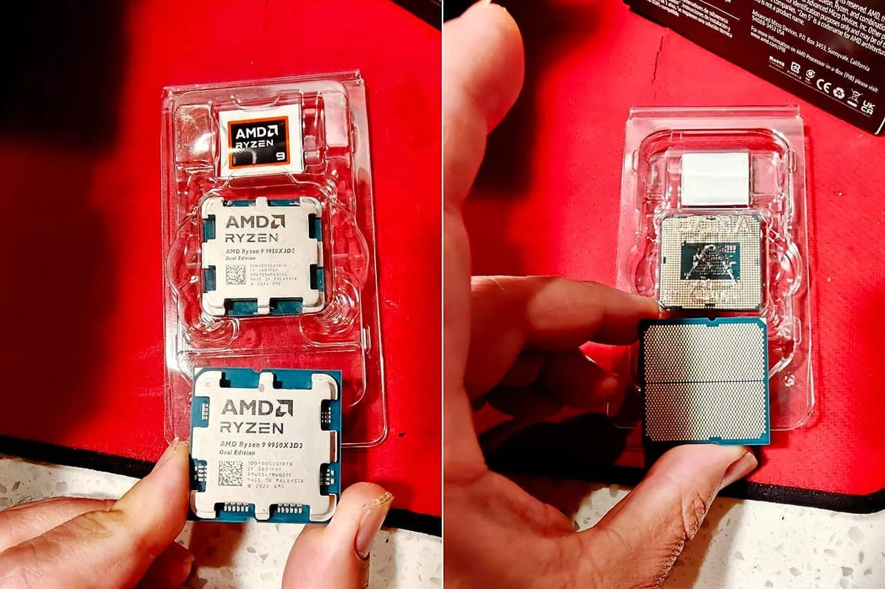 Fotos do comprador: à esquerda, um Ryzen 9 9950X3D2 verdadeiro; à direita, o processador recebido, com a tampa da AMD e a parte de baixo de um Intel