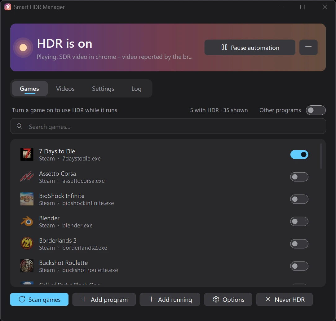 Janela do Smart HDR Manager com a lista de jogos da Steam e um interruptor para cada um
