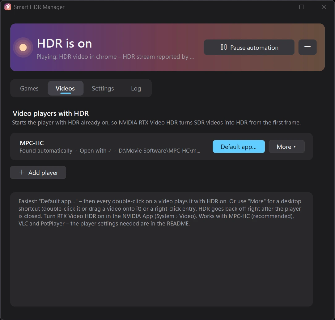 Separador Videos do Smart HDR Manager com o leitor MPC-HC detetado
