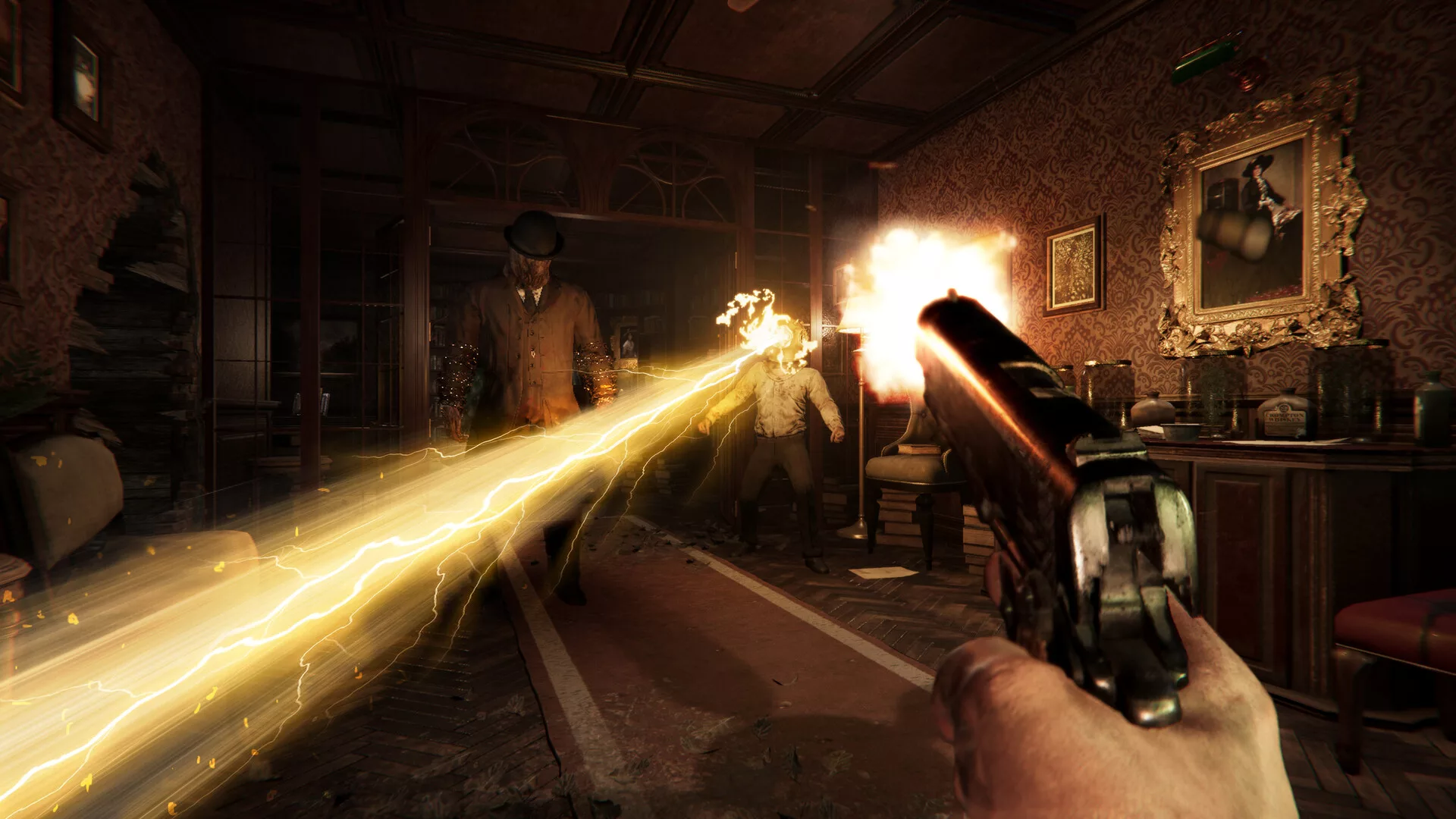 Combate com uma arma steampunk numa sala escura de Sker Ritual