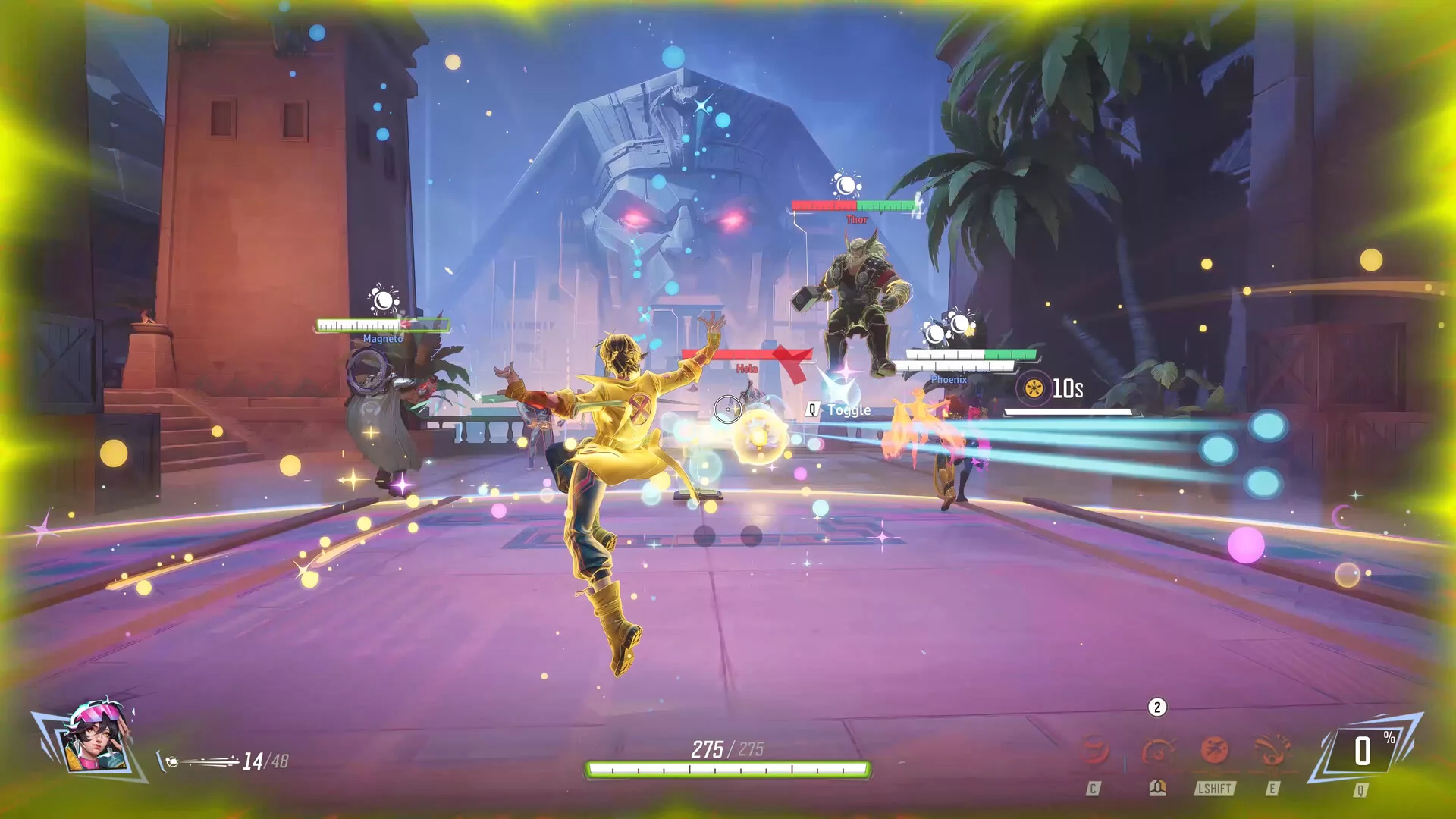 Luta de equipa em Marvel Rivals, cheia de efeitos e com a interface do jogo