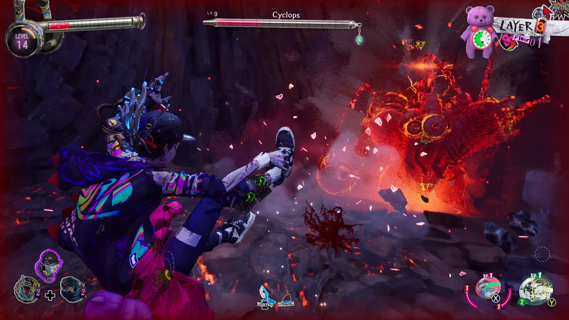 Davy, o zombie de Stupid Never Dies, a lutar contra um Cyclops numa masmorra