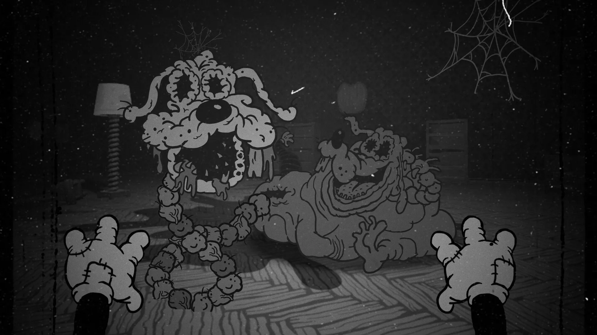 Um monstro de desenho animado a preto e branco em Bad Cheese