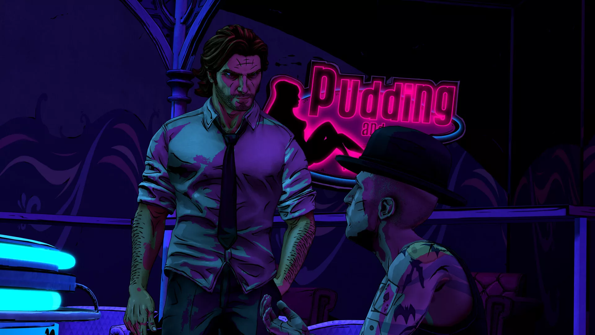 Bigby Wolf num bar iluminado a néon em The Wolf Among Us Remastered