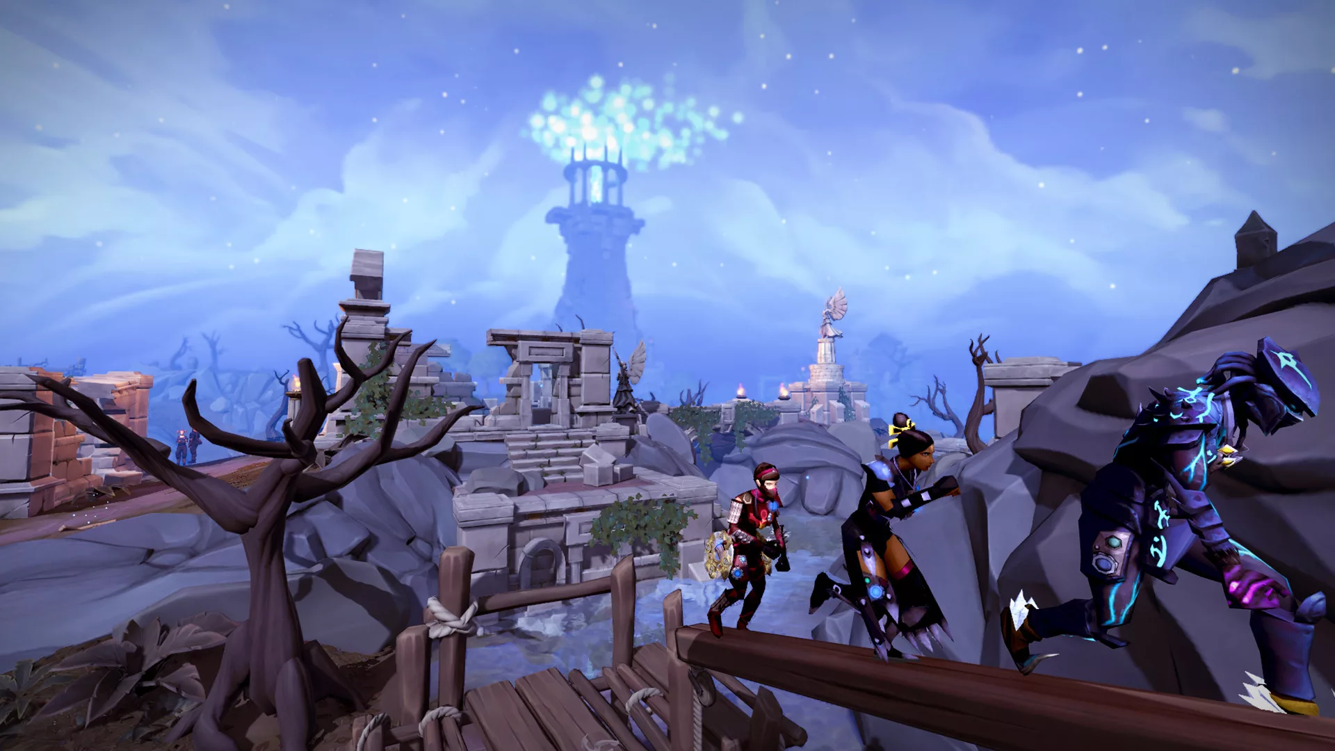 Um grupo de aventureiros de RuneScape a correr por uma zona com uma torre ao fundo