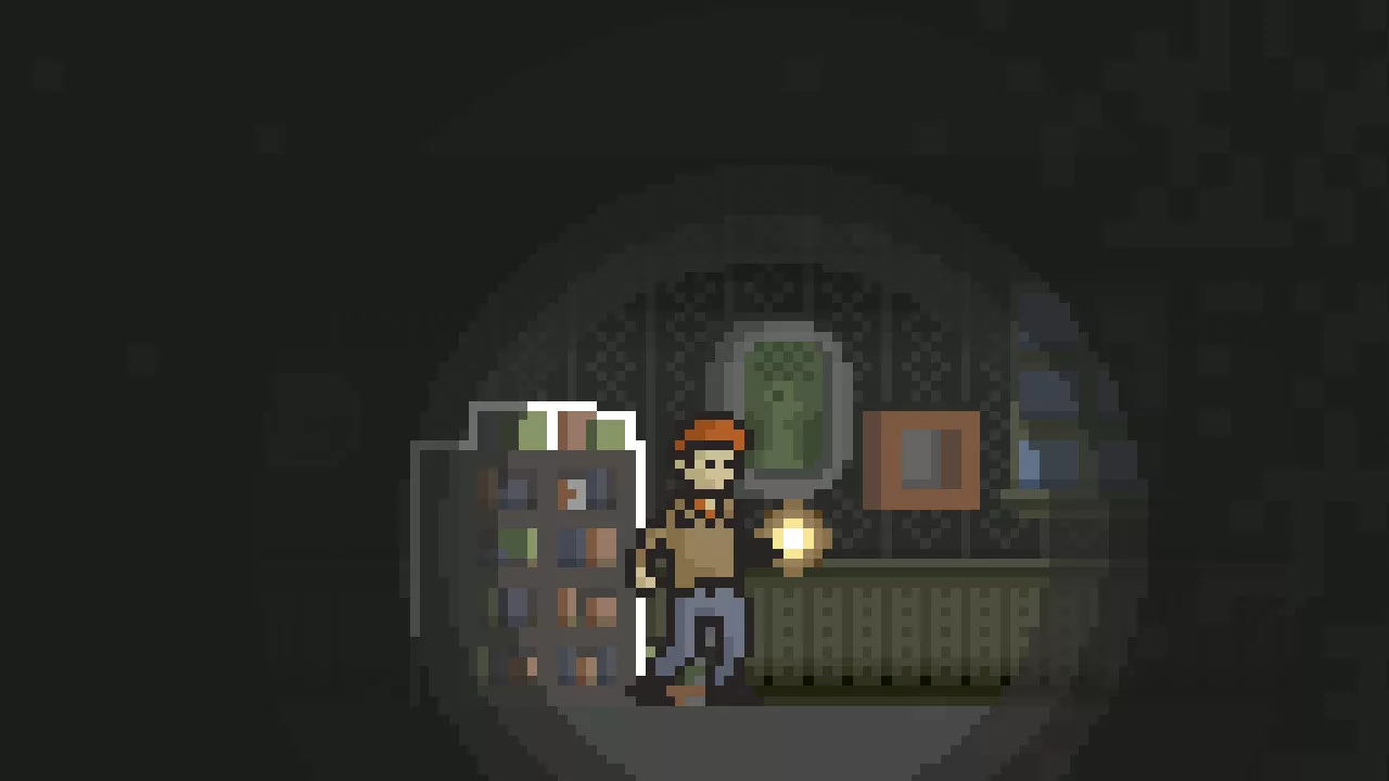 Personagem de Home a explorar uma casa às escuras, em pixel art, só com a luz da lanterna