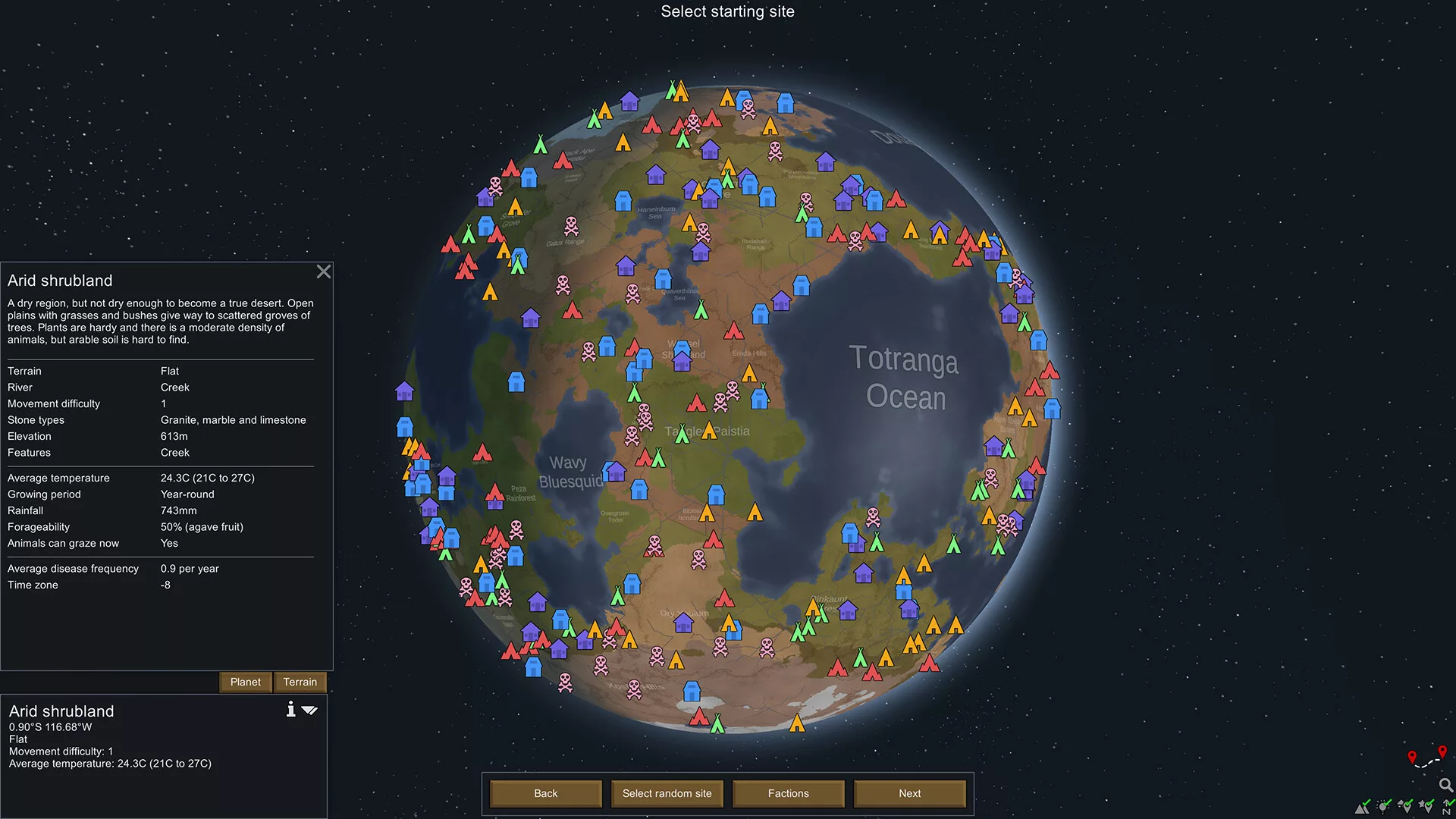 O mapa do mundo de RimWorld, um planeta com centenas de povoações, no ecrã de escolha do local de partida