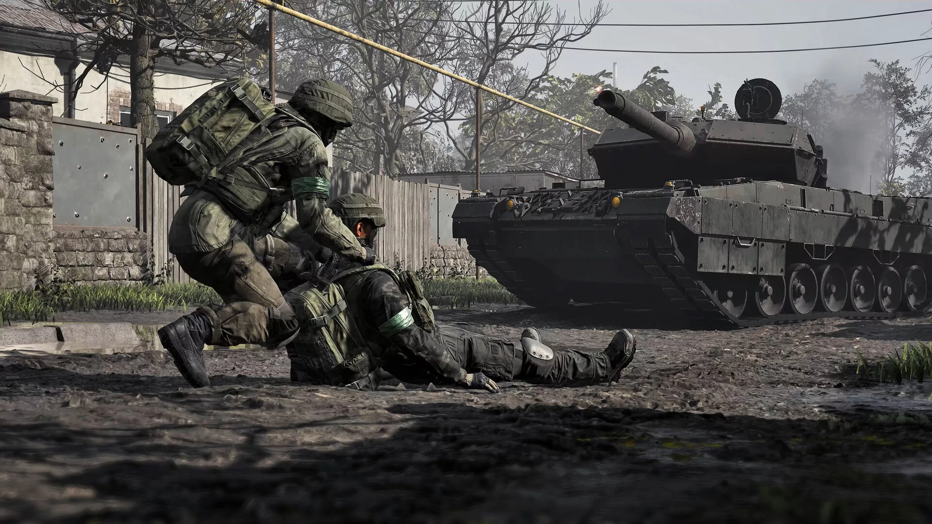 Um soldado da Manticore reanima um colega caído junto a um tanque em WARDOGS