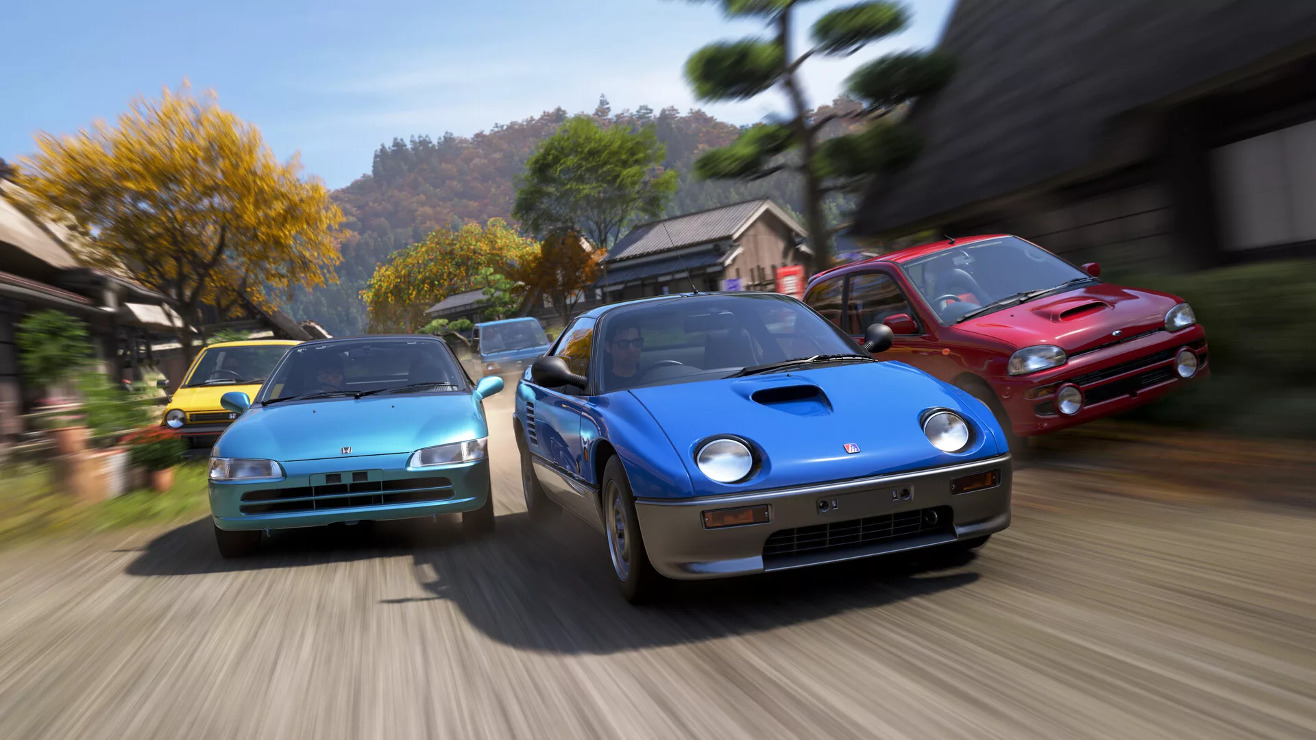 Corrida de carros kei japoneses numa aldeia em Forza Horizon 6