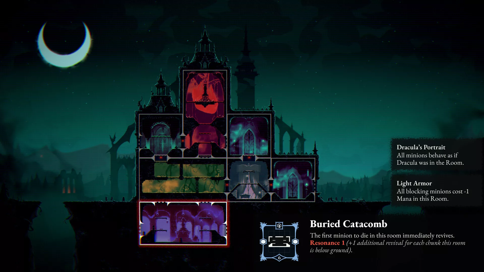 Castelo de Drácula em ReVamp visto de lado, com as salas construídas e uma lua crescente