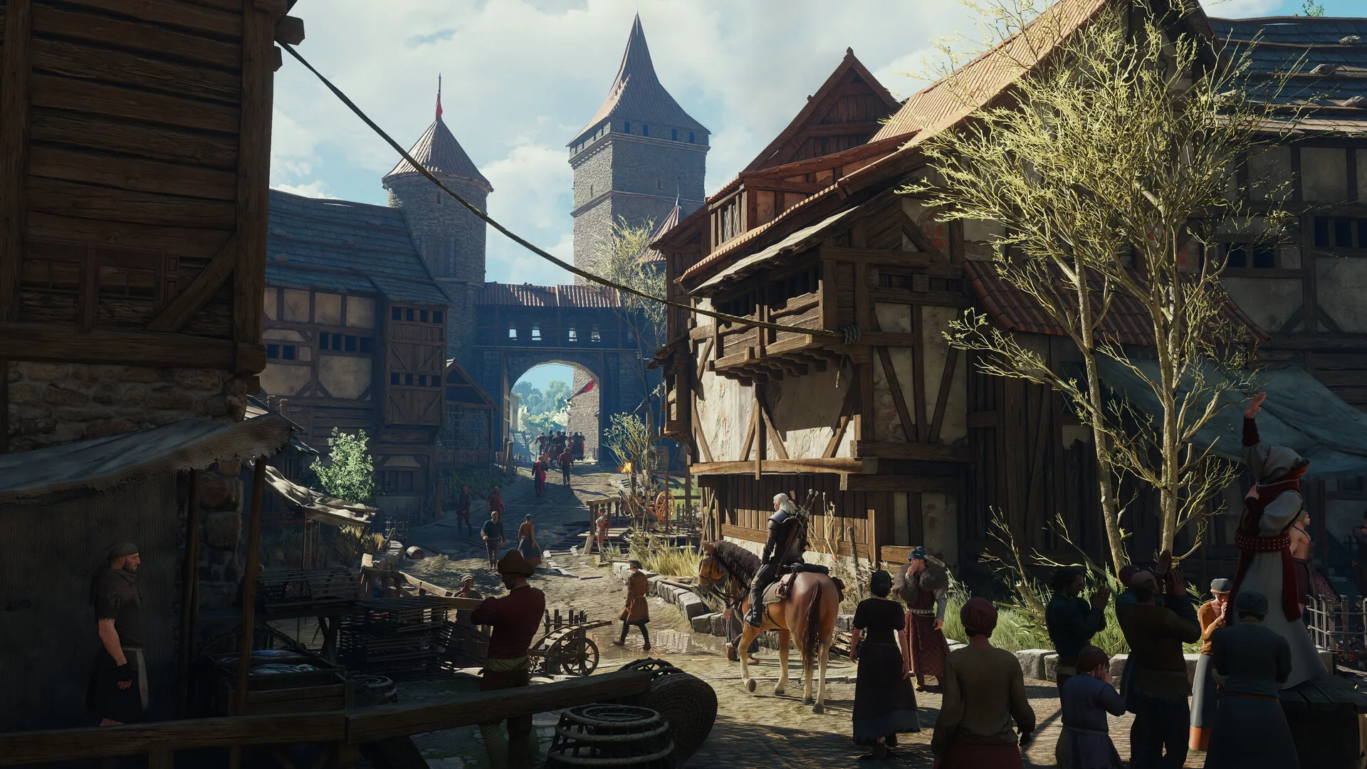 Geralt a cavalo numa rua cheia de gente em The Witcher 3