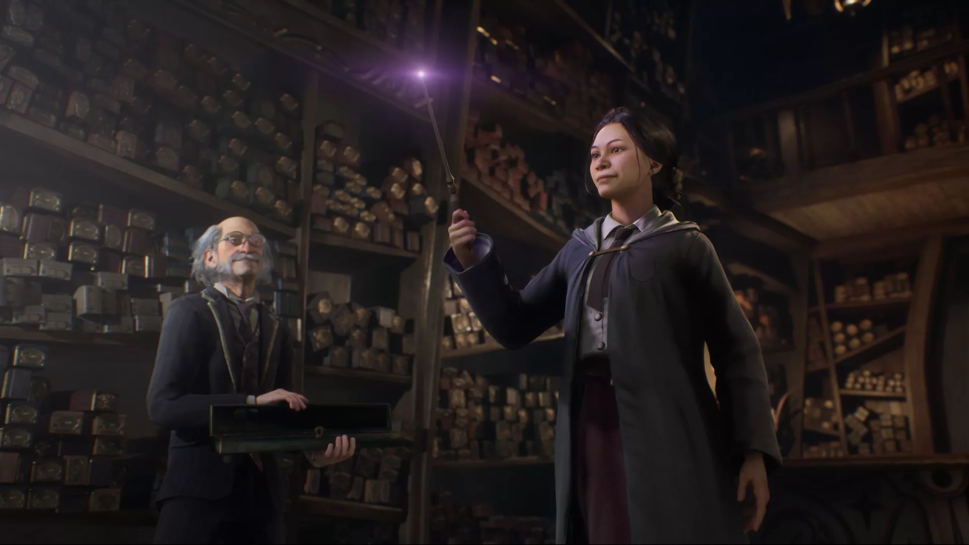 Uma aluna de Hogwarts Legacy com a varinha acesa na loja de varinhas, ao lado do vendedor
